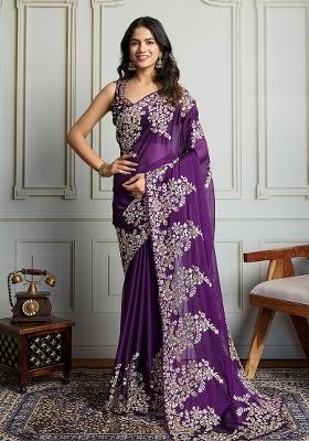 Wine Sequance Embroidery Silk Saree Set