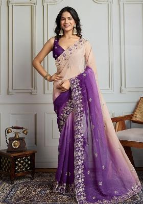 Purple Sequance Embroidery Blended Saree Set