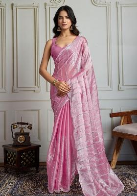 White Sequance Embroidery Blended Saree Set