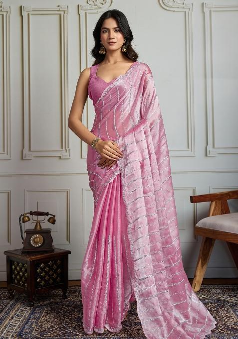 White Sequance Embroidery Blended Saree Set