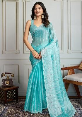 White Sequance Embroidery Blended Saree Set