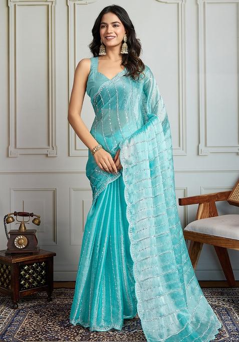 White Sequance Embroidery Blended Saree Set