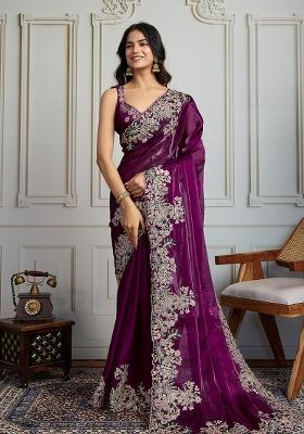 Purple Sequance Embroidery Blended Saree Set