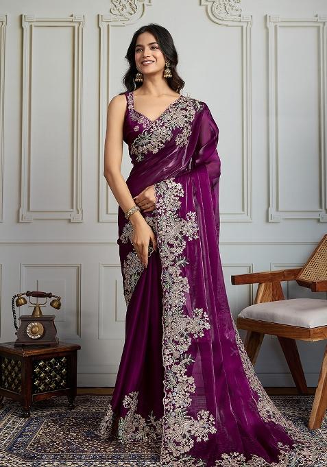 Purple Sequance Embroidery Blended Saree Set