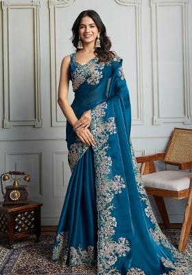Blue Sequance Embroidery Blended Saree Set