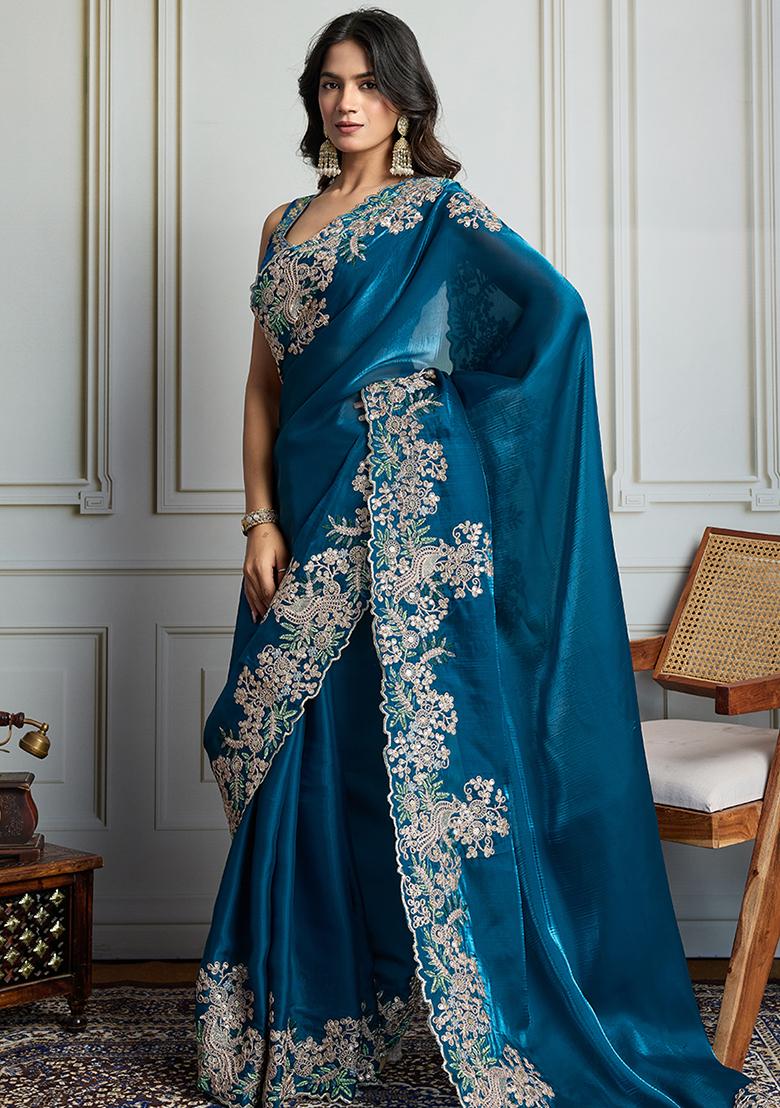 Blue Sequance Embroidery Blended Saree Set - Indya