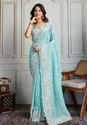 Blue Sequance Embroidery Blended Saree Set