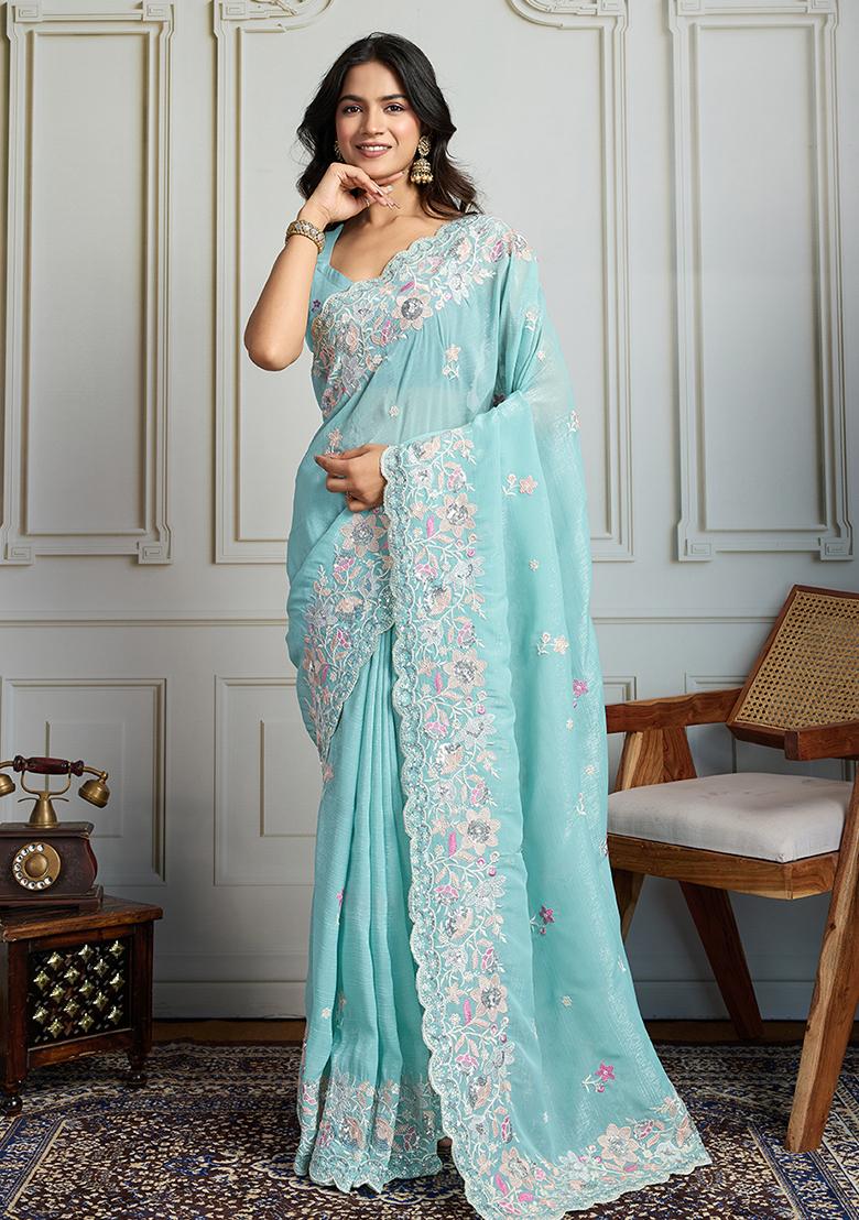 Blue Sequance Embroidery Blended Saree Set - Indya