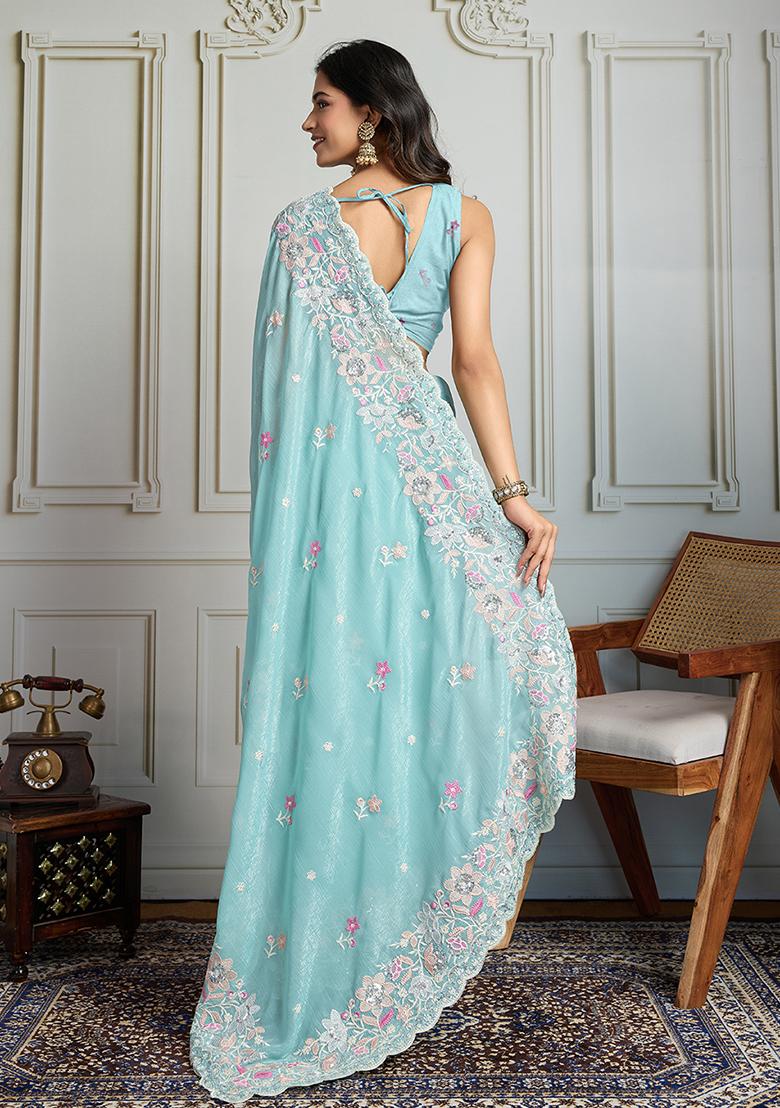 Blue Sequance Embroidery Blended Saree Set - Indya