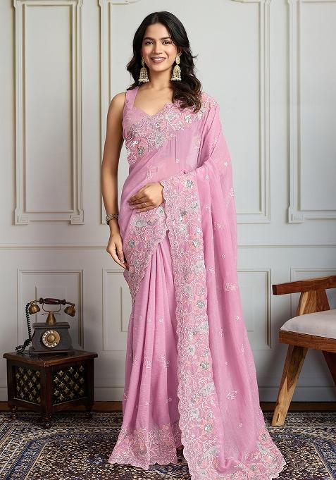 Pink Sequance Embroidery Blended Saree Set