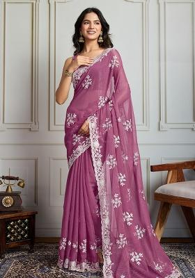 Pink Sequance Embroidery Blended Saree Set