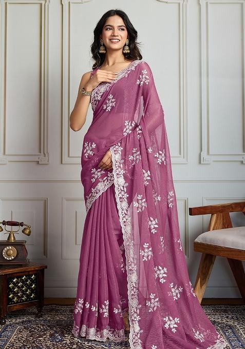 Pink Sequance Embroidery Blended Saree Set