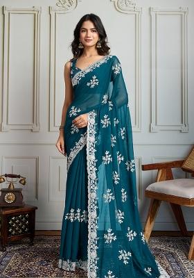 Blue Sequance Embroidery Blended Saree Set