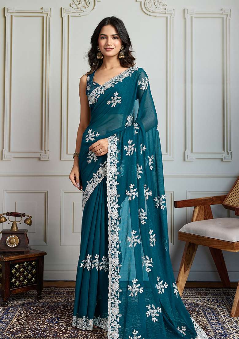 Blue Sequance Blended Saree Set with Embroidery for Diwali | Wedding & Festive Wear - Indya