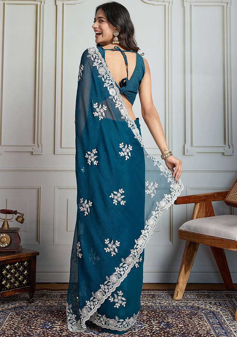 Blue Sequance Blended Saree Set with Embroidery for Diwali | Wedding & Festive Wear - Indya
