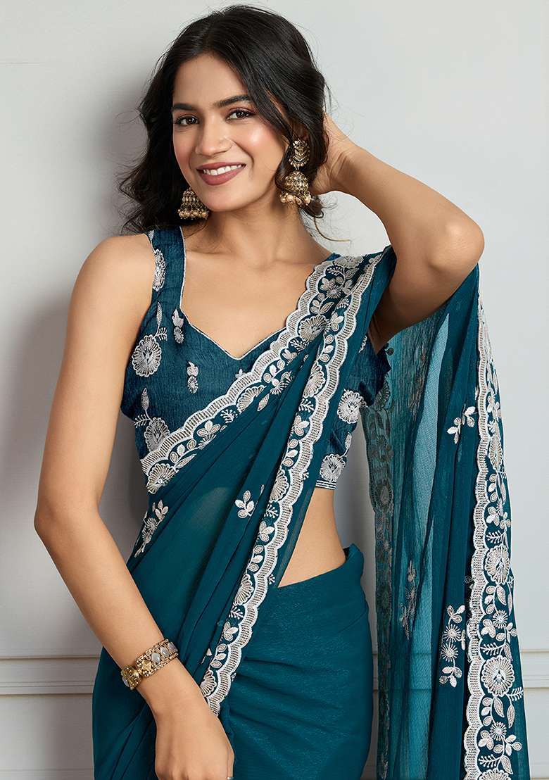 Blue Sequance Blended Saree Set with Embroidery for Diwali | Wedding & Festive Wear - Indya