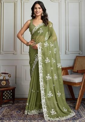 Green Sequance Embroidery Blended Saree Set