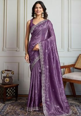 Purple Sequance Embroidery Blended Saree Set
