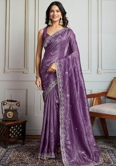 Purple Sequance Embroidery Blended Saree Set