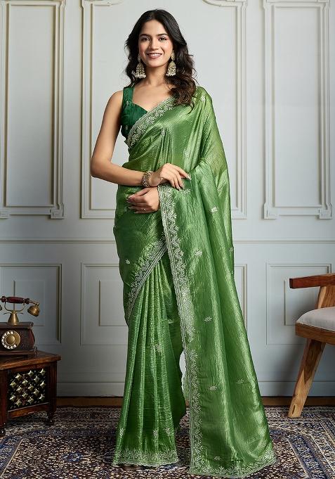 Green Sequance Embroidery Blended Saree Set
