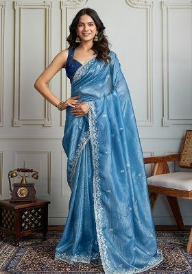 Blue Sequance Embroidery Blended Saree Set