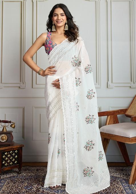 Multi Color Sequance Embroidery Organza Saree Set