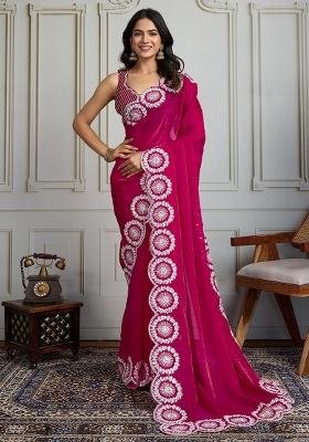 Pink Sequance Embroidery Blended Saree Set