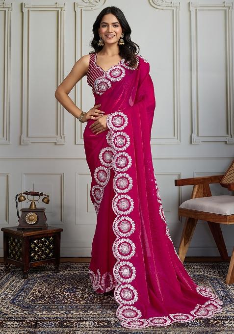 Pink Sequance Embroidery Blended Saree Set