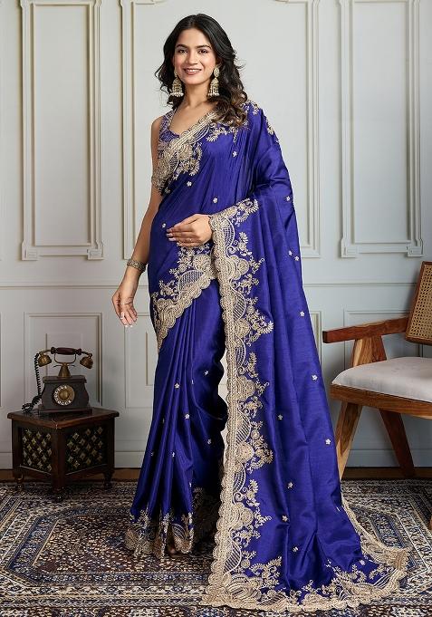 Blue Sequance Embroidery Silk Saree Set
