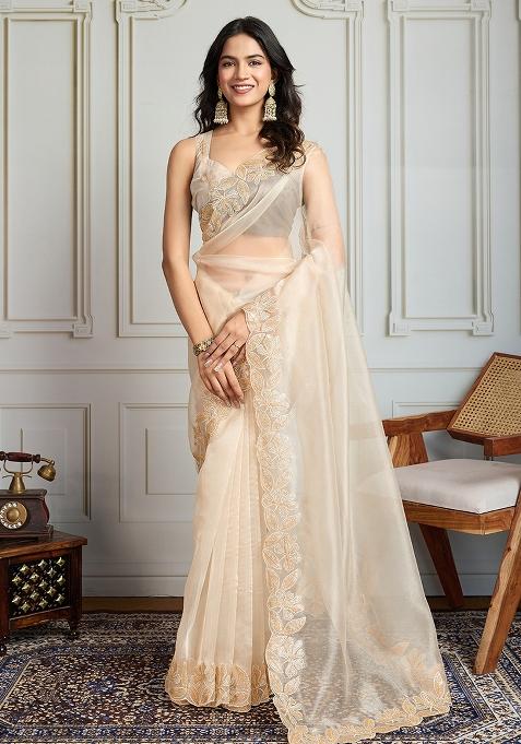 White Sequance Embroidery Blended Saree Set