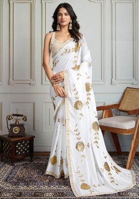 White Sequance Embroidery Georgette Saree Set