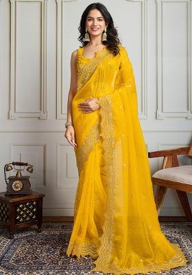 Yellow Sequance Embroidery Silk Saree Set