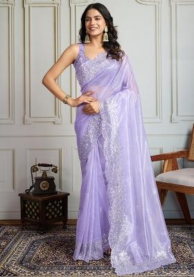 Purple Sequance Embroidery Blended Saree Set