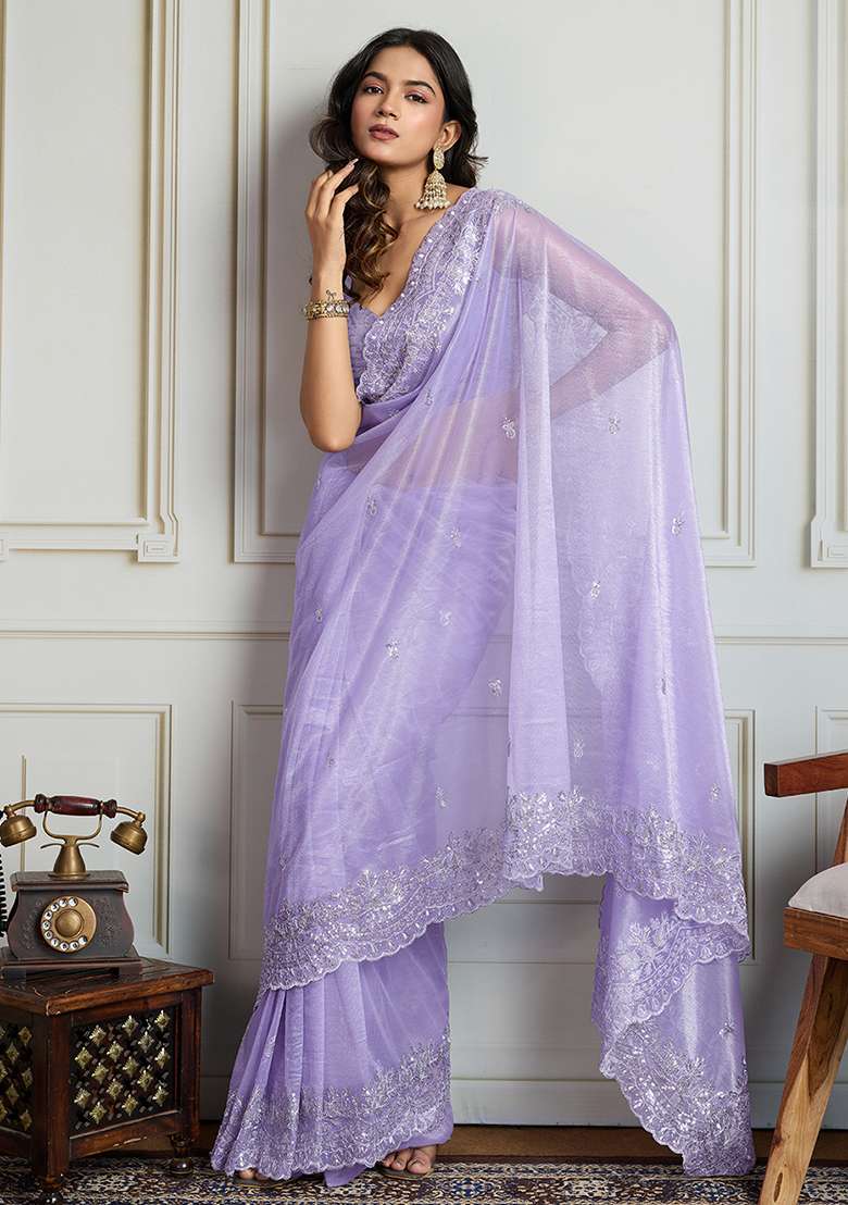Purple Sequance Blended Saree Set with Embroidery for Diwali | Wedding & Festive Wear - Indya