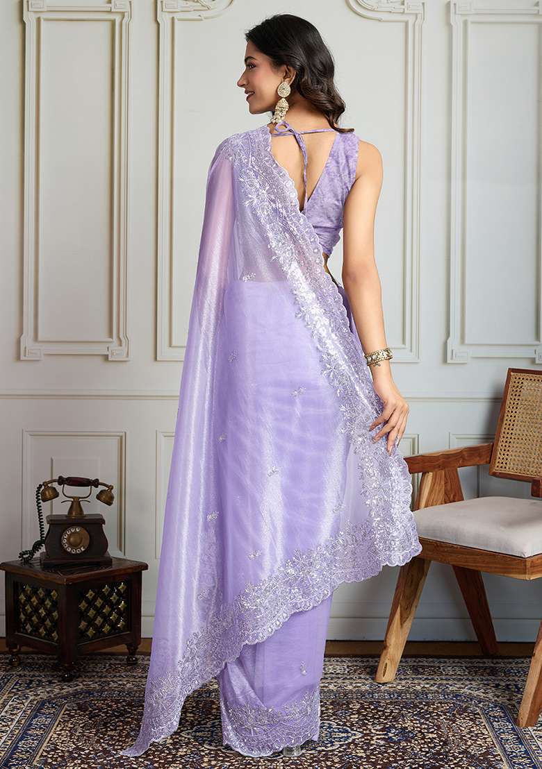 Purple Sequance Blended Saree Set with Embroidery for Diwali | Wedding & Festive Wear - Indya