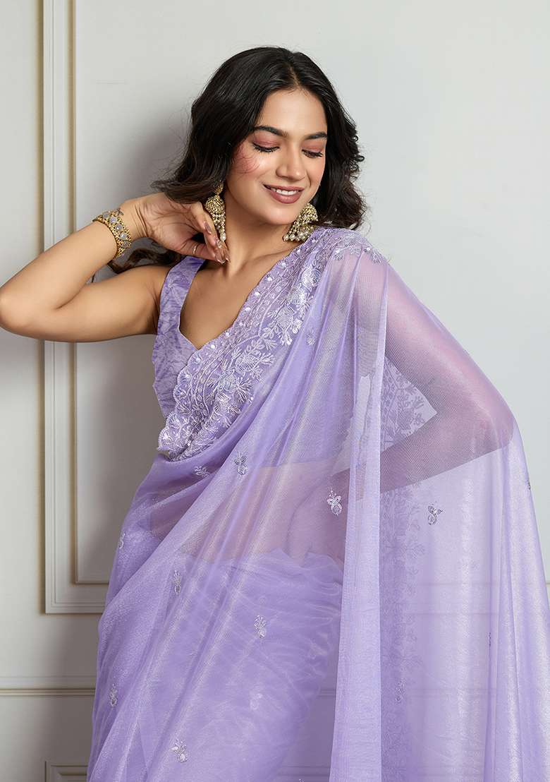Purple Sequance Blended Saree Set with Embroidery for Diwali | Wedding & Festive Wear - Indya