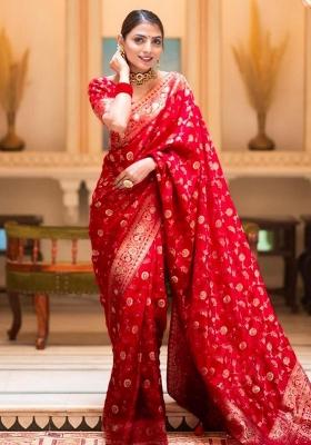 Red Solid Silk Saree Set