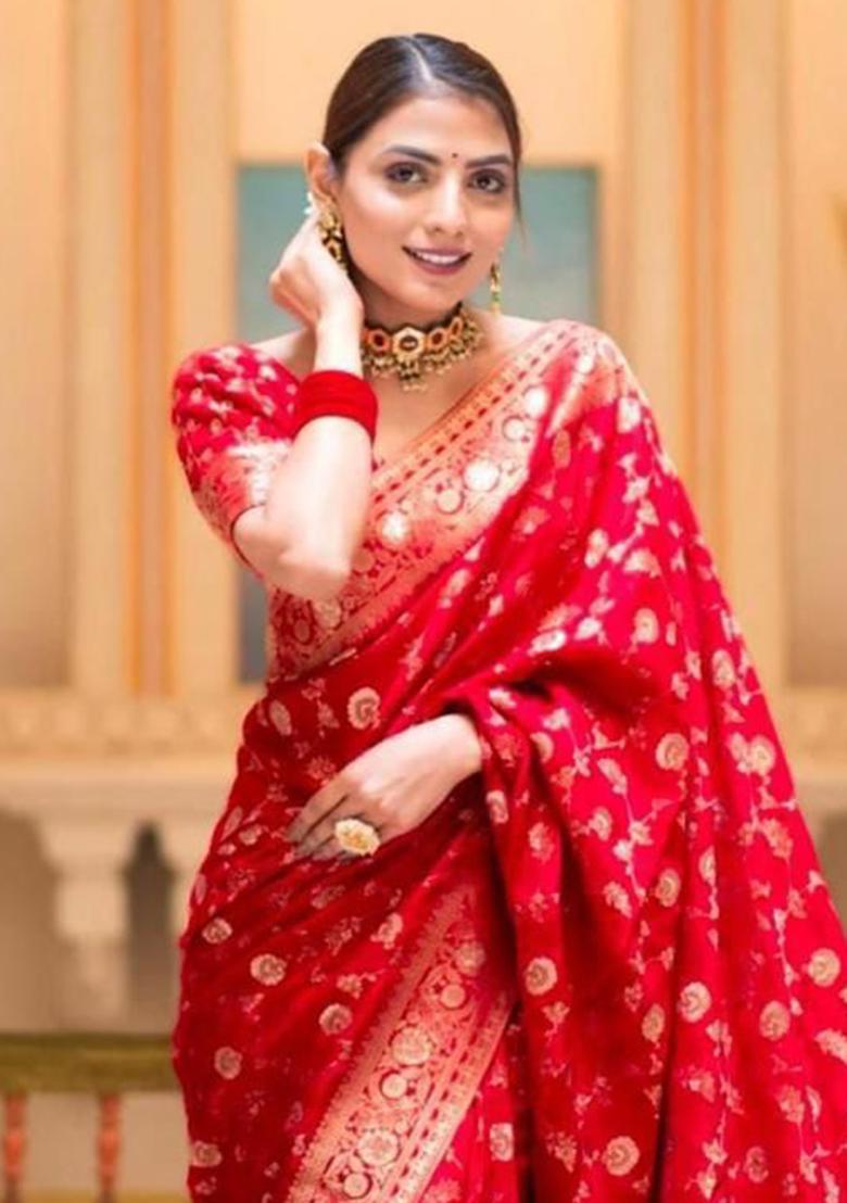 Red Solid Silk Saree Set - Indya