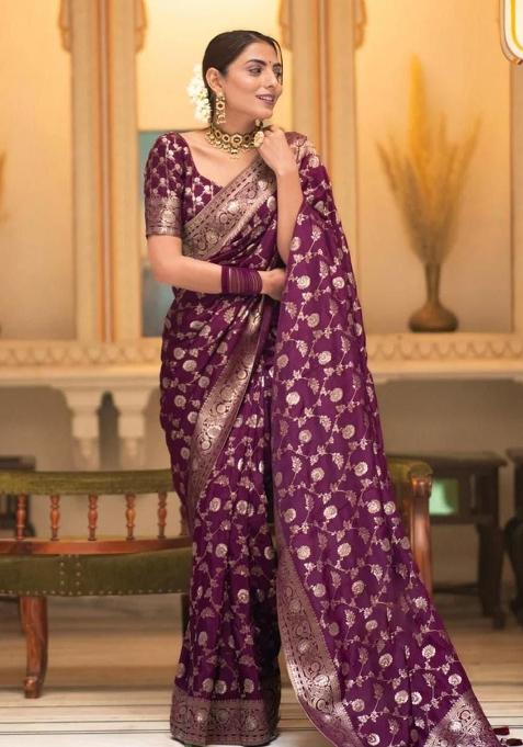 Wine Solid Silk Saree Set