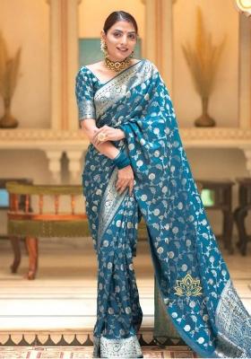 Blue Solid Silk Saree Set