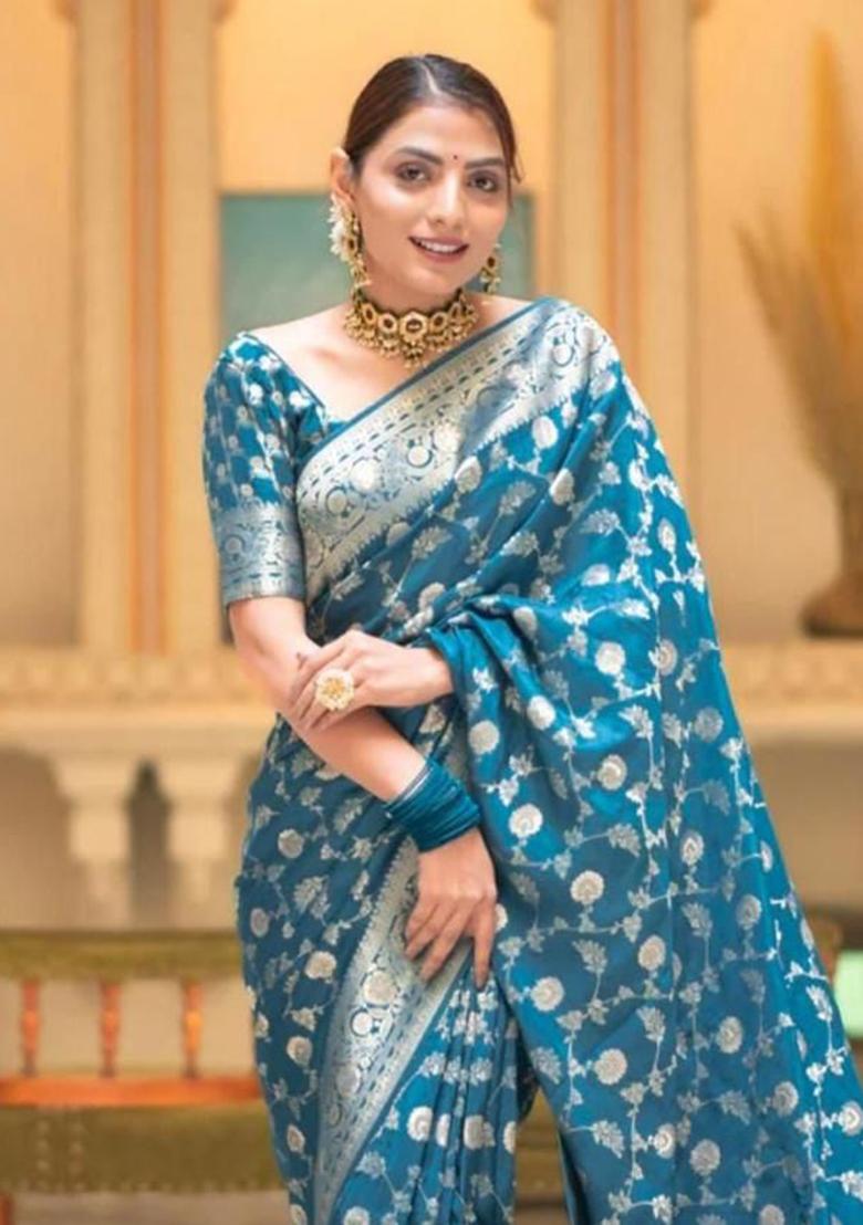 Blue Solid Silk Saree Set - Indya
