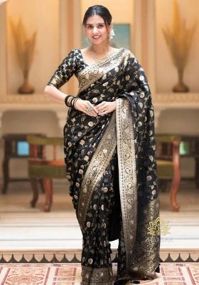 Black Solid Silk Saree Set