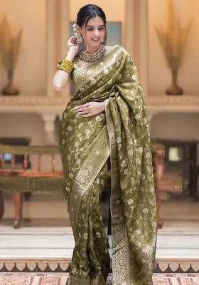 Olive Solid Silk Saree Set