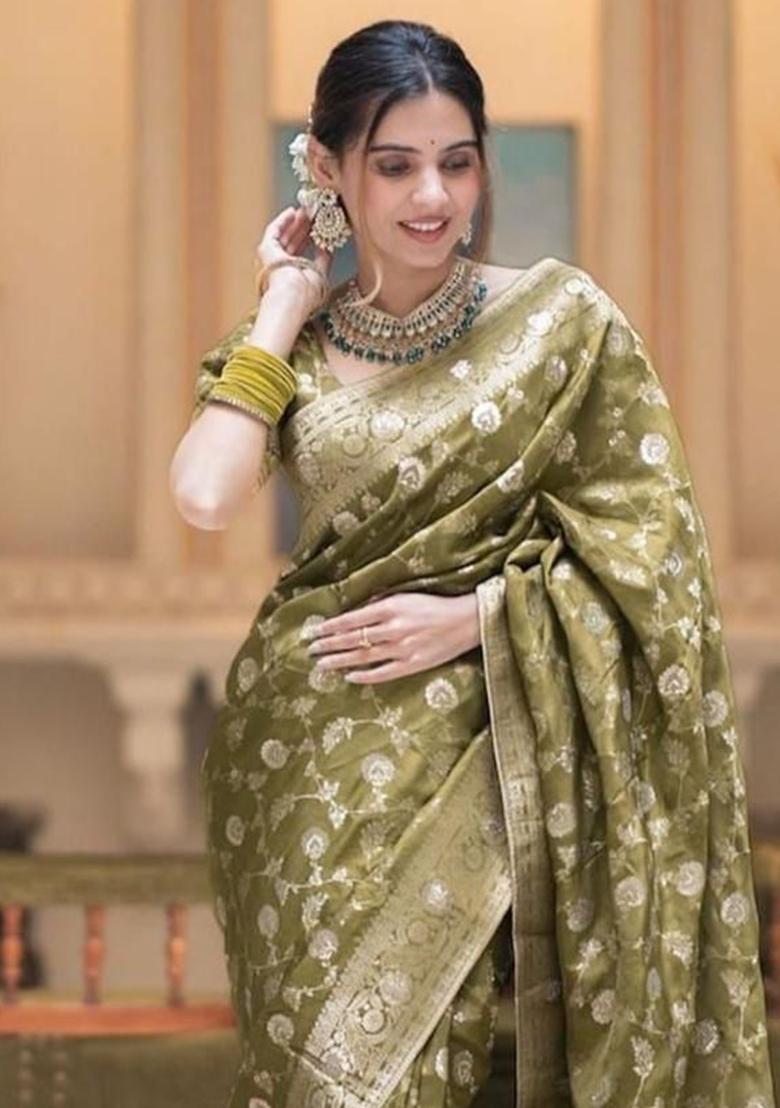 Olive Solid Silk Saree Set - Indya