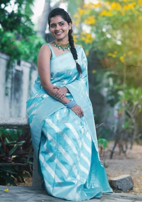 Blue Solid Silk Saree Set