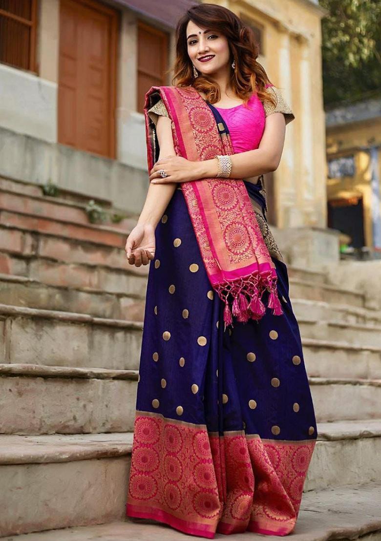 Blue Solid Silk Saree Set - Indya