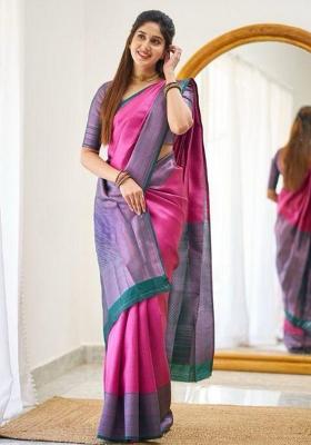 Pink Solid Silk Saree Set