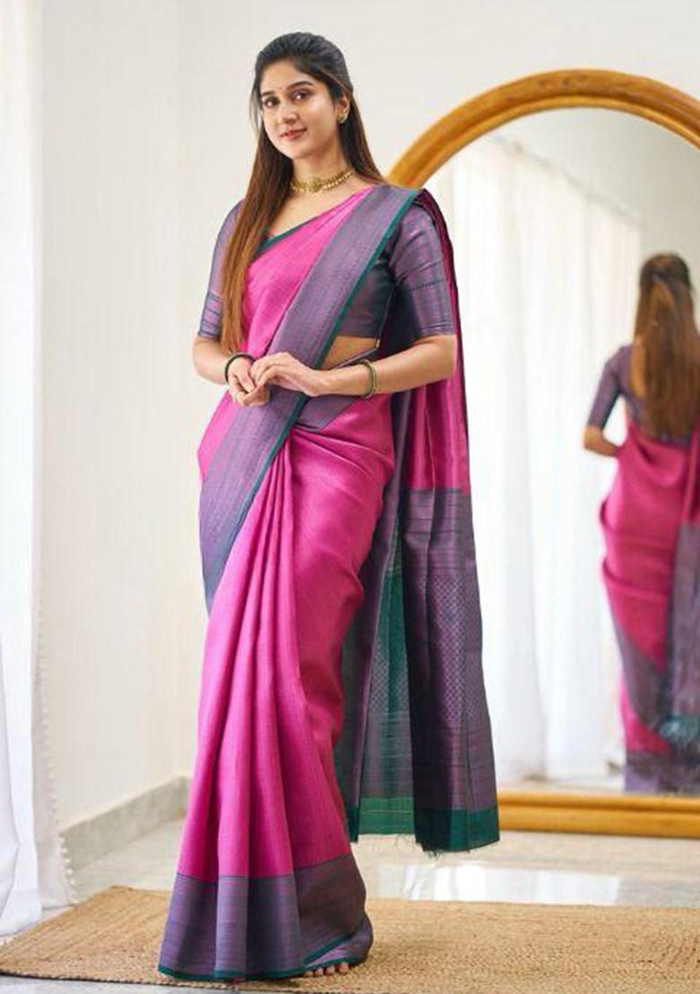 Pink Solid Silk Saree Set - Indya