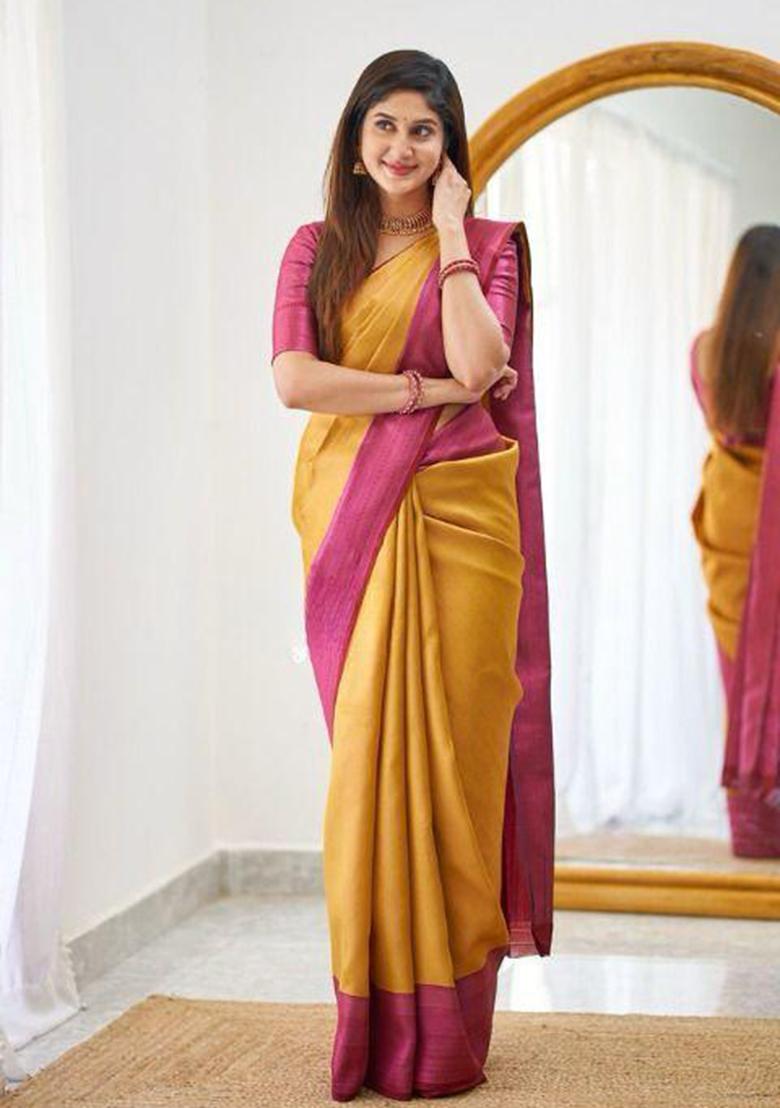 Yellow Solid Silk Saree Set - Indya
