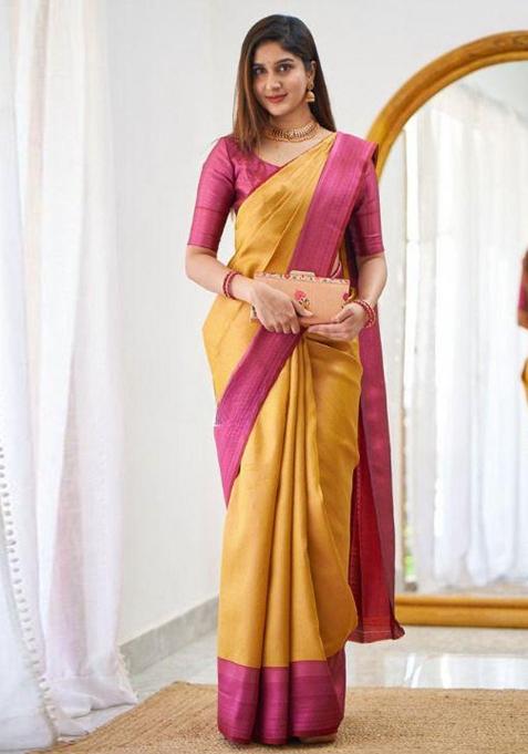 Yellow Solid Silk Saree Set